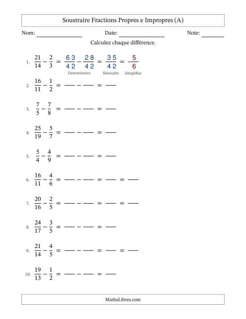 Soustraire fractions propres e impropres avec des dénominateurs différents, résultats en fractions propres, et avec simplification dans quelques problèmes (Remplissable) (Tout)