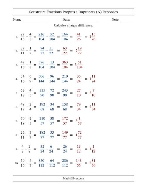 Soustraire fractions propres e impropres avec des dénominateurs différents, résultats en fractions mixtes, et avec simplification dans quelques problèmes (Remplissable) (A) page 2