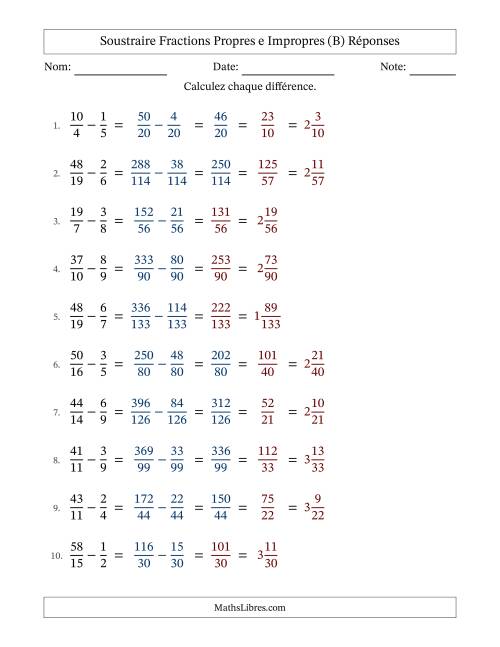 Soustraire fractions propres e impropres avec des dénominateurs différents, résultats en fractions mixtes, et avec simplification dans quelques problèmes (Remplissable) (B) page 2
