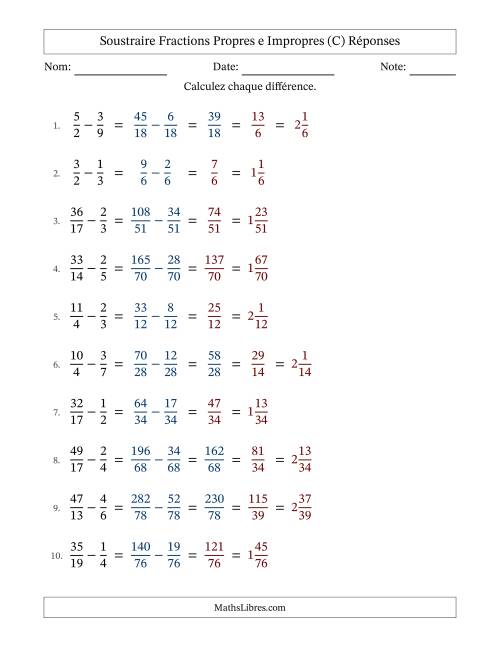 Soustraire fractions propres e impropres avec des dénominateurs différents, résultats en fractions mixtes, et avec simplification dans quelques problèmes (Remplissable) (C) page 2