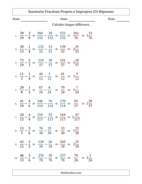 Soustraire fractions propres e impropres avec des dénominateurs différents, résultats en fractions mixtes, et avec simplification dans quelques problèmes (Remplissable) (D) page 2