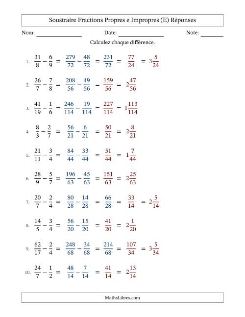 Soustraire fractions propres e impropres avec des dénominateurs différents, résultats en fractions mixtes, et avec simplification dans quelques problèmes (Remplissable) (E) page 2