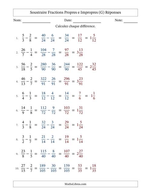 Soustraire fractions propres e impropres avec des dénominateurs différents, résultats en fractions mixtes, et avec simplification dans quelques problèmes (Remplissable) (G) page 2