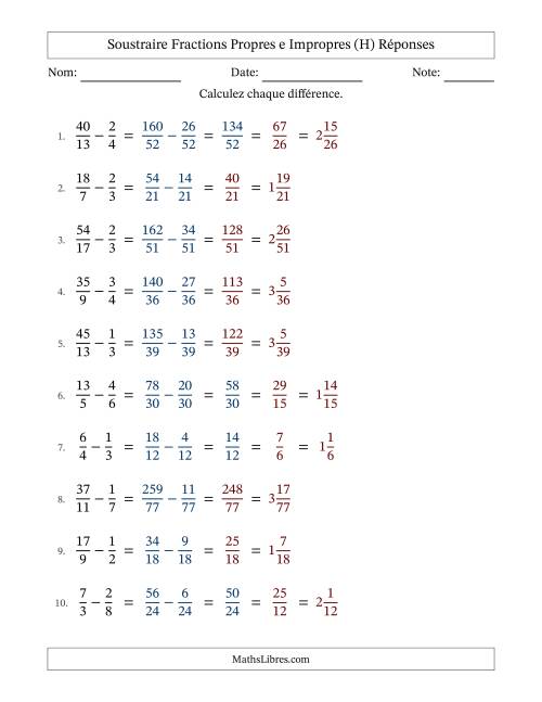 Soustraire fractions propres e impropres avec des dénominateurs différents, résultats en fractions mixtes, et avec simplification dans quelques problèmes (Remplissable) (H) page 2