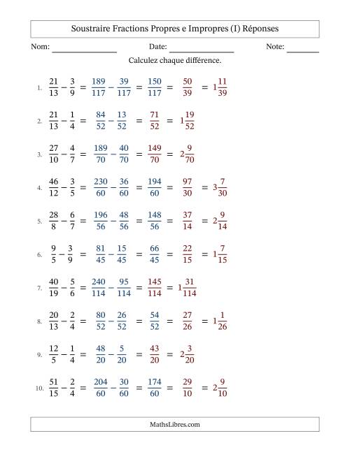 Soustraire fractions propres e impropres avec des dénominateurs différents, résultats en fractions mixtes, et avec simplification dans quelques problèmes (Remplissable) (I) page 2