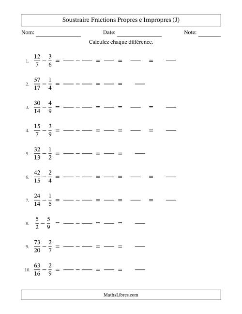 Soustraire fractions propres e impropres avec des dénominateurs différents, résultats en fractions mixtes, et avec simplification dans quelques problèmes (Remplissable) (J)