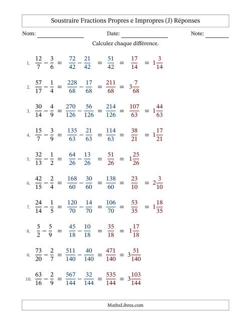 Soustraire fractions propres e impropres avec des dénominateurs différents, résultats en fractions mixtes, et avec simplification dans quelques problèmes (Remplissable) (J) page 2