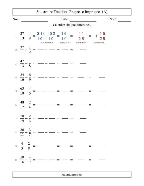 Soustraire fractions propres e impropres avec des dénominateurs différents, résultats en fractions mixtes, et avec simplification dans quelques problèmes (Remplissable) (Tout)
