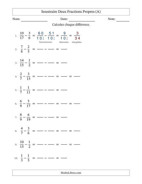 Soustraire deux fractions propres avec des dénominateurs différents, résultats en fractions propres, et avec simplification dans quelques problèmes (Remplissable) (Tout)