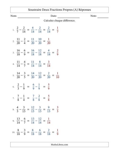 Soustraire deux fractions propres avec des dénominateurs similaires, résultats en fractions propres, et avec simplification dans quelques problèmes (Remplissable) (A) page 2