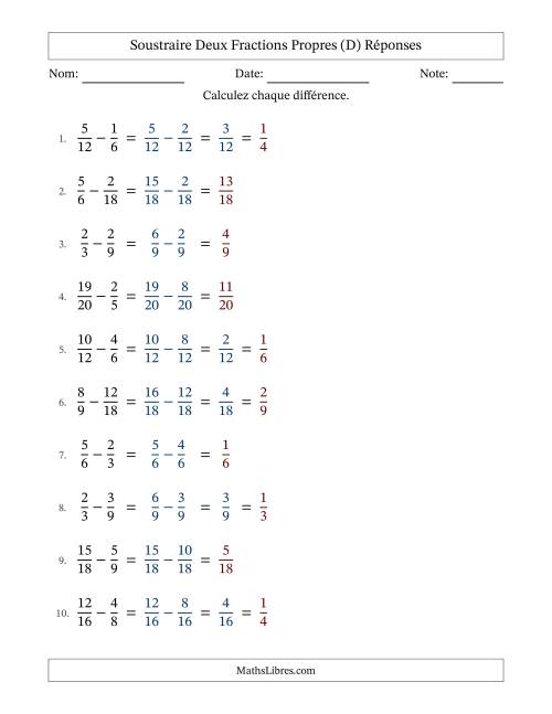 Soustraire deux fractions propres avec des dénominateurs similaires, résultats en fractions propres, et avec simplification dans quelques problèmes (Remplissable) (D) page 2