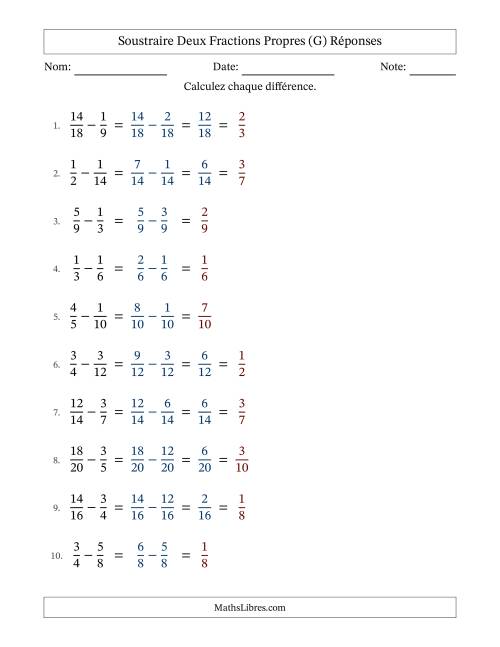 Soustraire deux fractions propres avec des dénominateurs similaires, résultats en fractions propres, et avec simplification dans quelques problèmes (Remplissable) (G) page 2