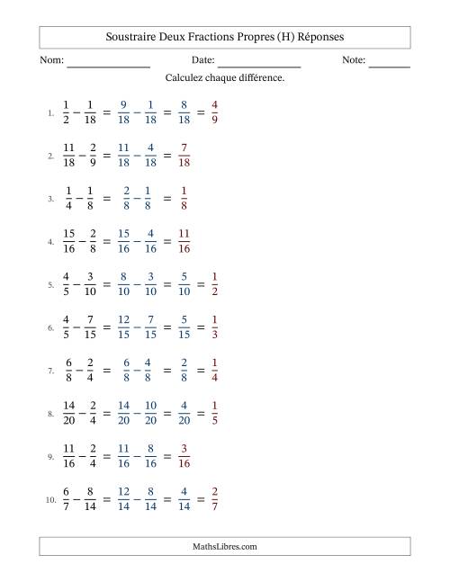 Soustraire deux fractions propres avec des dénominateurs similaires, résultats en fractions propres, et avec simplification dans quelques problèmes (Remplissable) (H) page 2