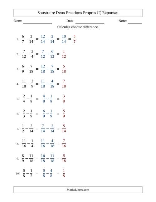 Soustraire deux fractions propres avec des dénominateurs similaires, résultats en fractions propres, et avec simplification dans quelques problèmes (Remplissable) (I) page 2