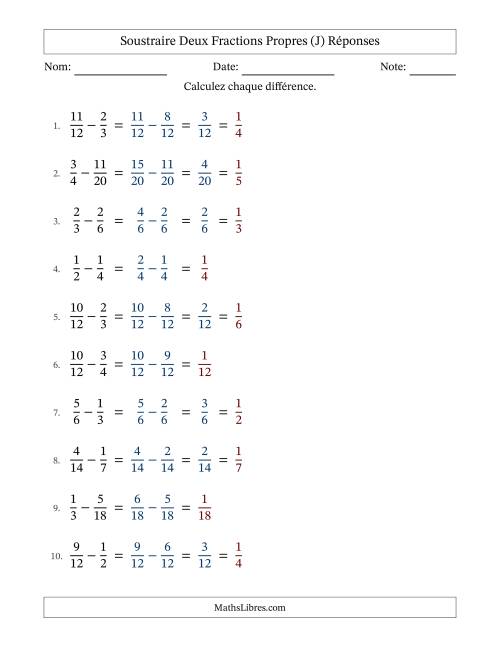 Soustraire deux fractions propres avec des dénominateurs similaires, résultats en fractions propres, et avec simplification dans quelques problèmes (Remplissable) (J) page 2