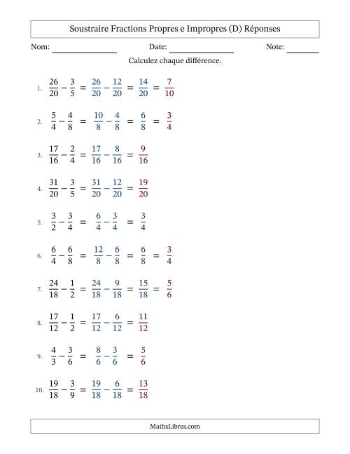 Soustraire fractions propres e impropres avec des dénominateurs similaires, résultats en fractions propres, et avec simplification dans quelques problèmes (Remplissable) (D) page 2