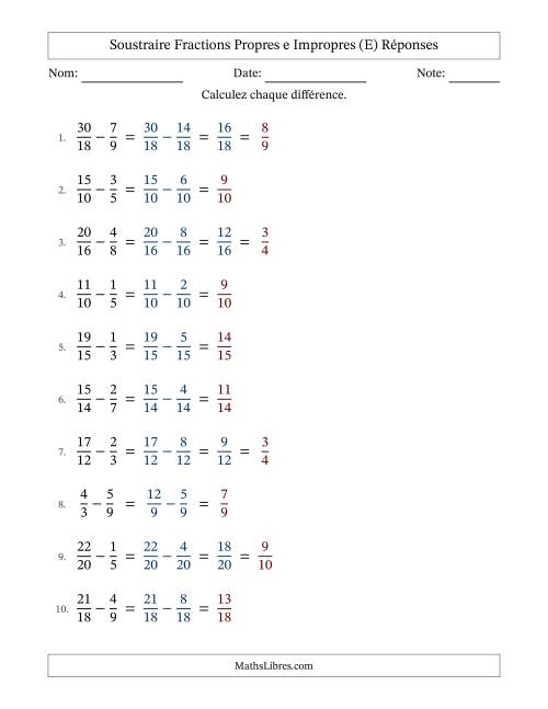 Soustraire fractions propres e impropres avec des dénominateurs similaires, résultats en fractions propres, et avec simplification dans quelques problèmes (Remplissable) (E) page 2