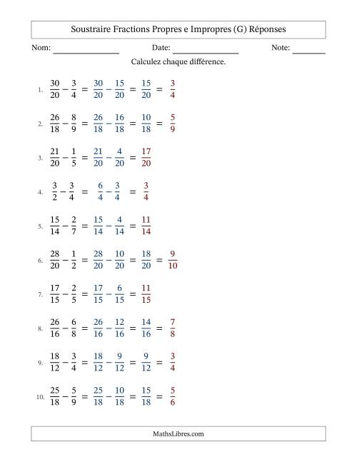 Soustraire fractions propres e impropres avec des dénominateurs similaires, résultats en fractions propres, et avec simplification dans quelques problèmes (Remplissable) (G) page 2