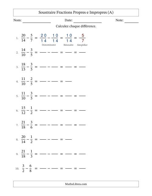 Soustraire fractions propres e impropres avec des dénominateurs similaires, résultats en fractions propres, et avec simplification dans quelques problèmes (Remplissable) (Tout)