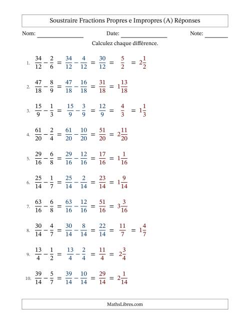 Soustraire fractions propres e impropres avec des dénominateurs similaires, résultats en fractions mixtes, et avec simplification dans quelques problèmes (Remplissable) (A) page 2