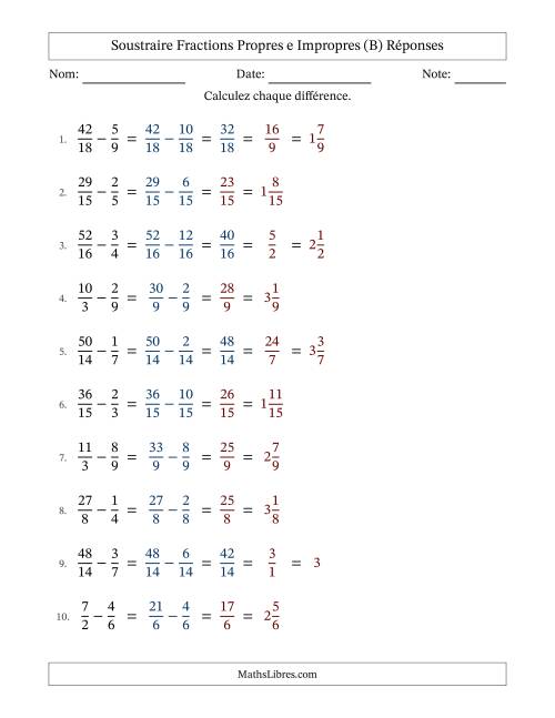Soustraire fractions propres e impropres avec des dénominateurs similaires, résultats en fractions mixtes, et avec simplification dans quelques problèmes (Remplissable) (B) page 2