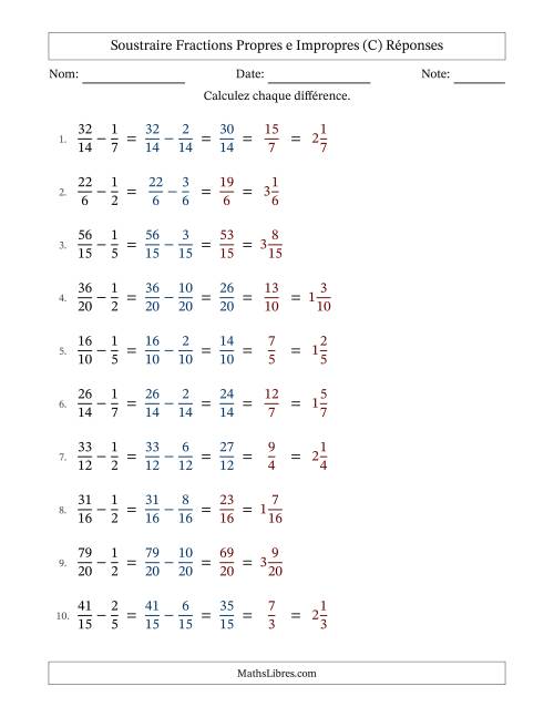 Soustraire fractions propres e impropres avec des dénominateurs similaires, résultats en fractions mixtes, et avec simplification dans quelques problèmes (Remplissable) (C) page 2