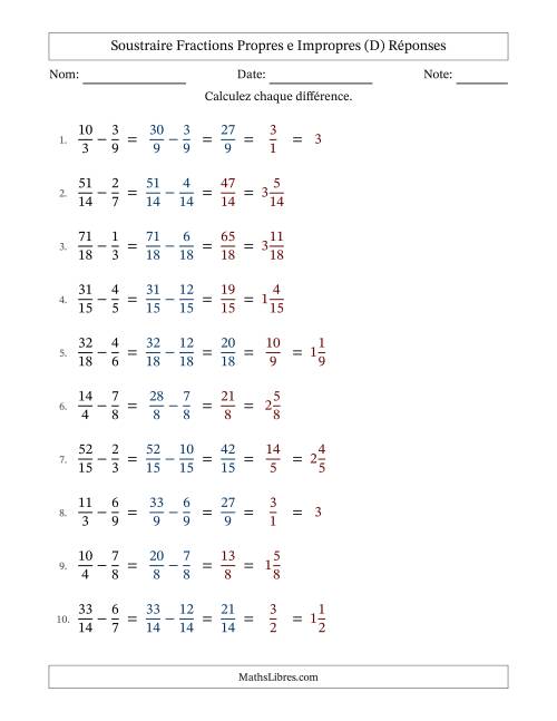 Soustraire fractions propres e impropres avec des dénominateurs similaires, résultats en fractions mixtes, et avec simplification dans quelques problèmes (Remplissable) (D) page 2