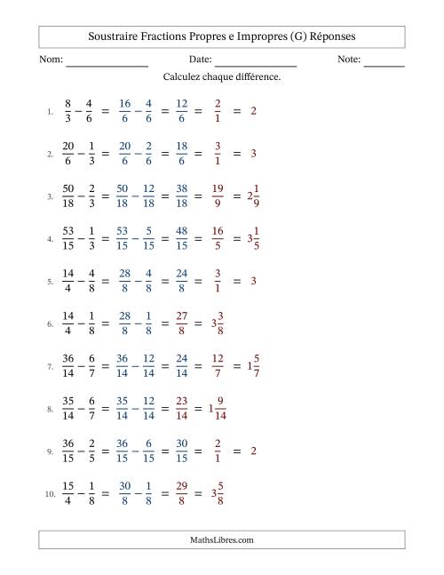 Soustraire fractions propres e impropres avec des dénominateurs similaires, résultats en fractions mixtes, et avec simplification dans quelques problèmes (Remplissable) (G) page 2