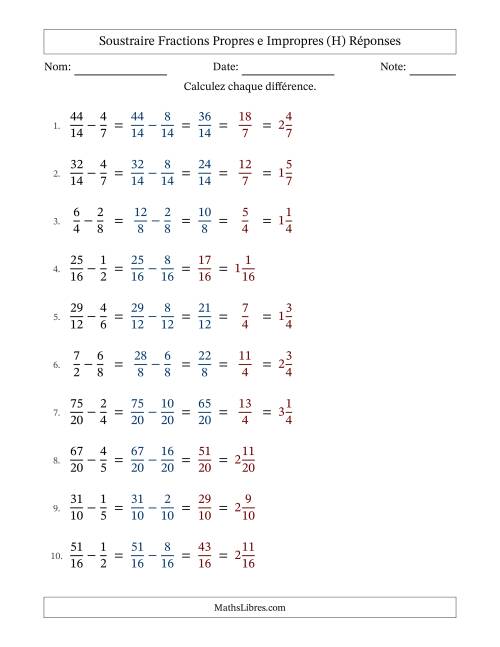 Soustraire fractions propres e impropres avec des dénominateurs similaires, résultats en fractions mixtes, et avec simplification dans quelques problèmes (Remplissable) (H) page 2