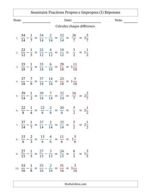 Soustraire fractions propres e impropres avec des dénominateurs similaires, résultats en fractions mixtes, et avec simplification dans quelques problèmes (Remplissable) (I) page 2