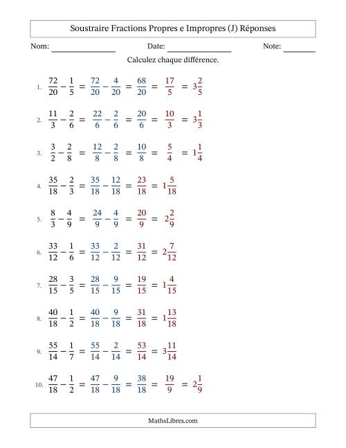 Soustraire fractions propres e impropres avec des dénominateurs similaires, résultats en fractions mixtes, et avec simplification dans quelques problèmes (Remplissable) (J) page 2