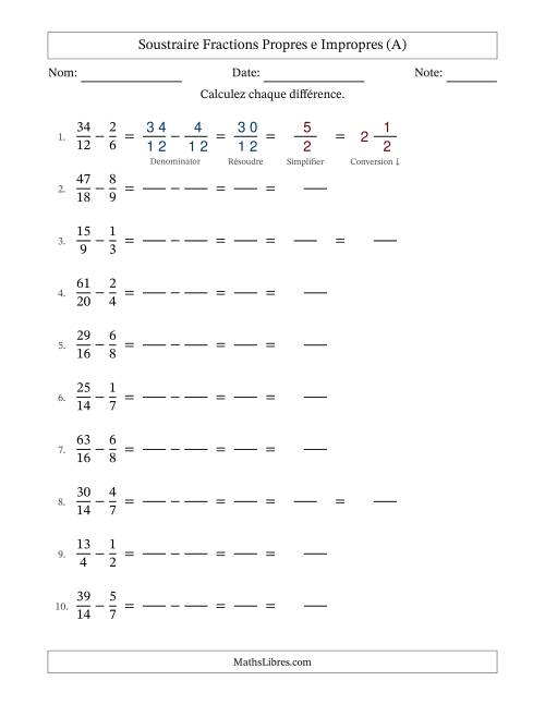 Soustraire fractions propres e impropres avec des dénominateurs similaires, résultats en fractions mixtes, et avec simplification dans quelques problèmes (Remplissable) (Tout)