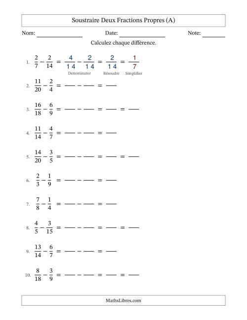 Soustraire deux fractions propres avec des dénominateurs similaires, résultats en fractions propres, et avec simplification dans quelques problèmes (Remplissable) (Tout)