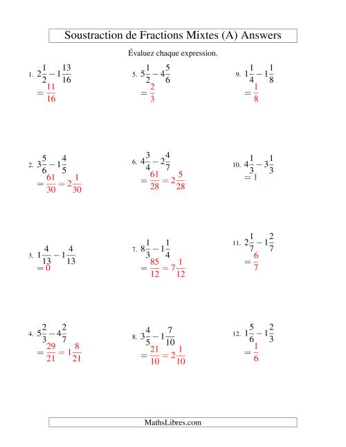 Soustraction de Fractions Mixtes (A) page 2