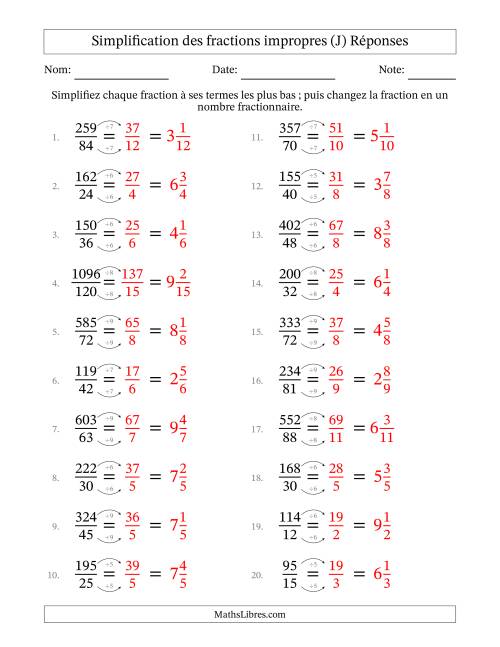 Simplifier fractions impropres à ses termes les plus bas (Questions difficiles) (J) page 2