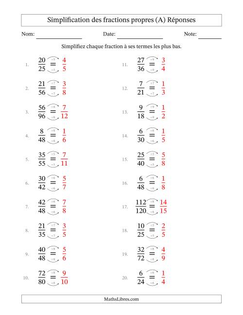 Simplifier fractions propres à ses termes les plus bas (Questions difficiles) (A) page 2