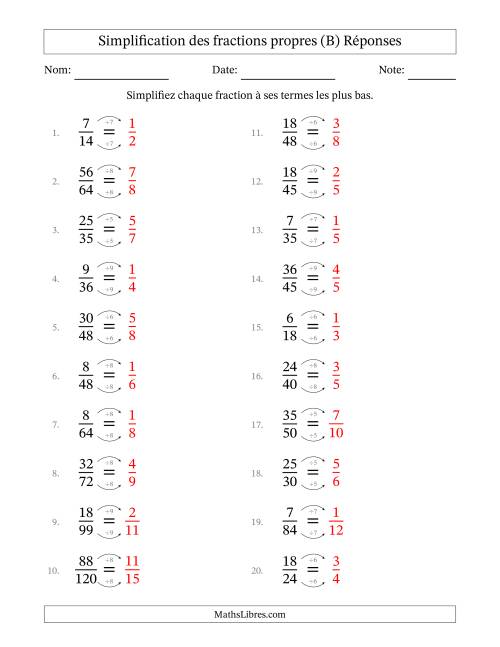 Simplifier fractions propres à ses termes les plus bas (Questions difficiles) (B) page 2