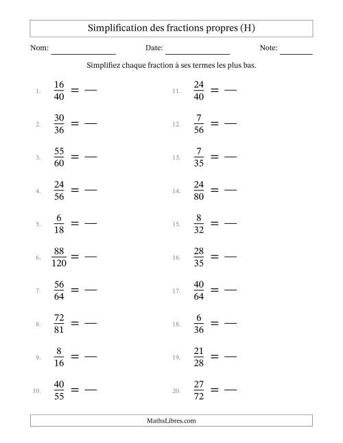 Simplifier fractions propres à ses termes les plus bas (Questions difficiles) (H)