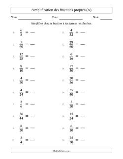 Simplifier fractions propres à ses termes les plus bas (Questions faciles)
