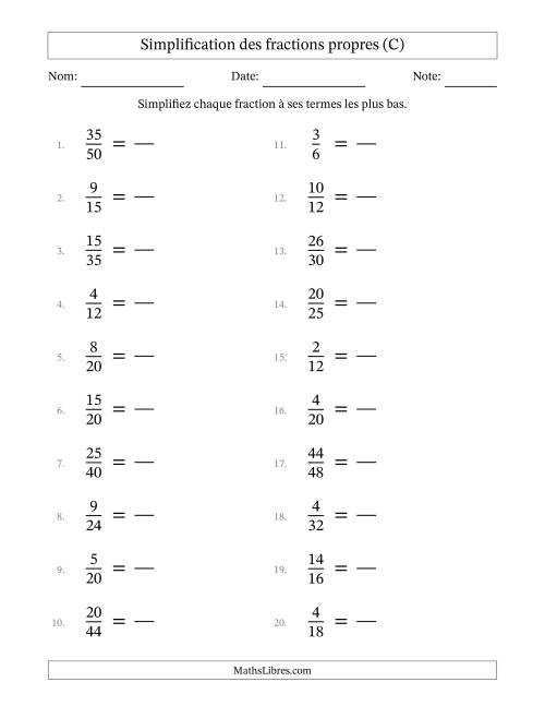 Simplifier fractions propres à ses termes les plus bas (Questions faciles) (C)