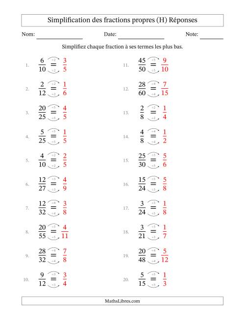 Simplifier fractions propres à ses termes les plus bas (Questions faciles) (H) page 2