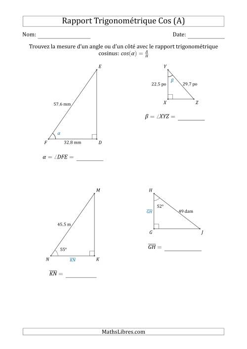 Calcul de la Mesure d'un Angle ou d'un Côté Avec le Rapport Trigonométrique Cosinus (A)