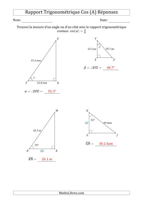 Calcul de la Mesure d'un Angle ou d'un Côté Avec le Rapport Trigonométrique Cosinus (A) page 2