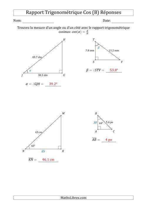 Calcul de la Mesure d'un Angle ou d'un Côté Avec le Rapport Trigonométrique Cosinus (B) page 2