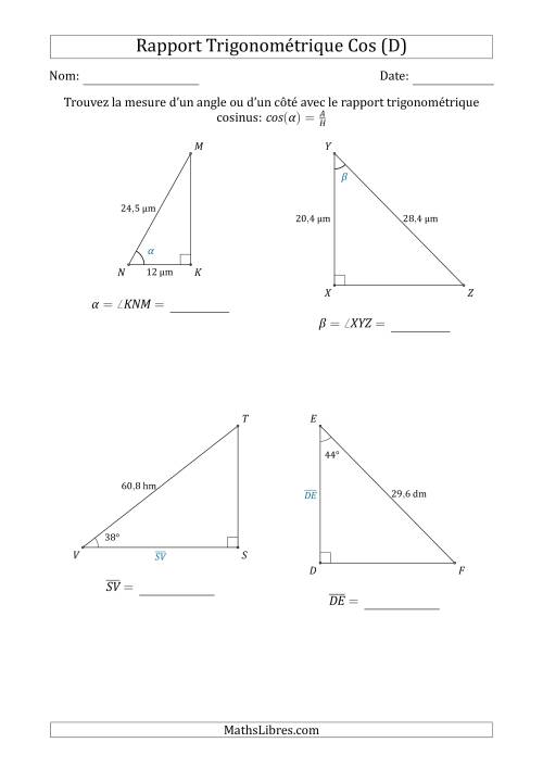Calcul de la Mesure d'un Angle ou d'un Côté Avec le Rapport Trigonométrique Cosinus (D)