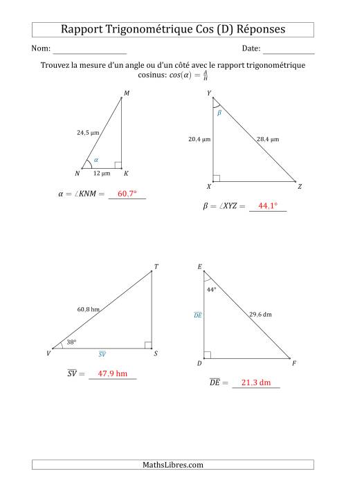 Calcul de la Mesure d'un Angle ou d'un Côté Avec le Rapport Trigonométrique Cosinus (D) page 2