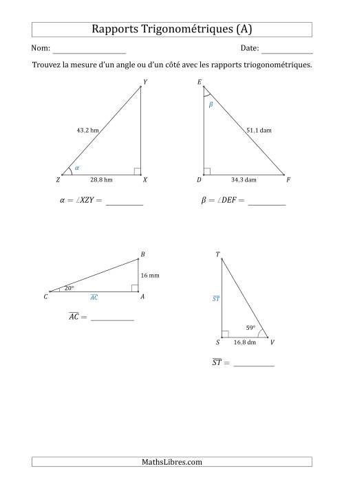 Calcul de la Mesure d'un Angle ou d'un Côté Avec les Rapports Trigonométriques (A)