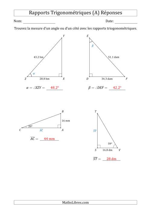 Calcul de la Mesure d'un Angle ou d'un Côté Avec les Rapports Trigonométriques (A) page 2