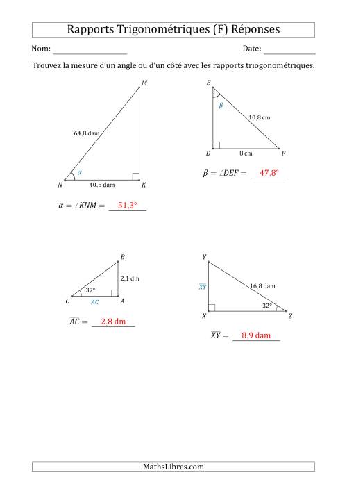 Calcul de la Mesure d'un Angle ou d'un Côté Avec les Rapports Trigonométriques (F) page 2