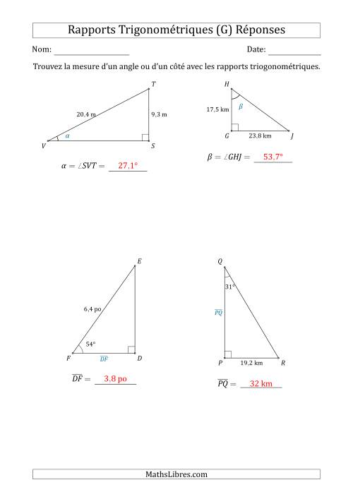 Calcul de la Mesure d'un Angle ou d'un Côté Avec les Rapports Trigonométriques (G) page 2